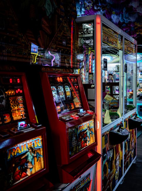 Slot machines and gaming tables with colorful lights